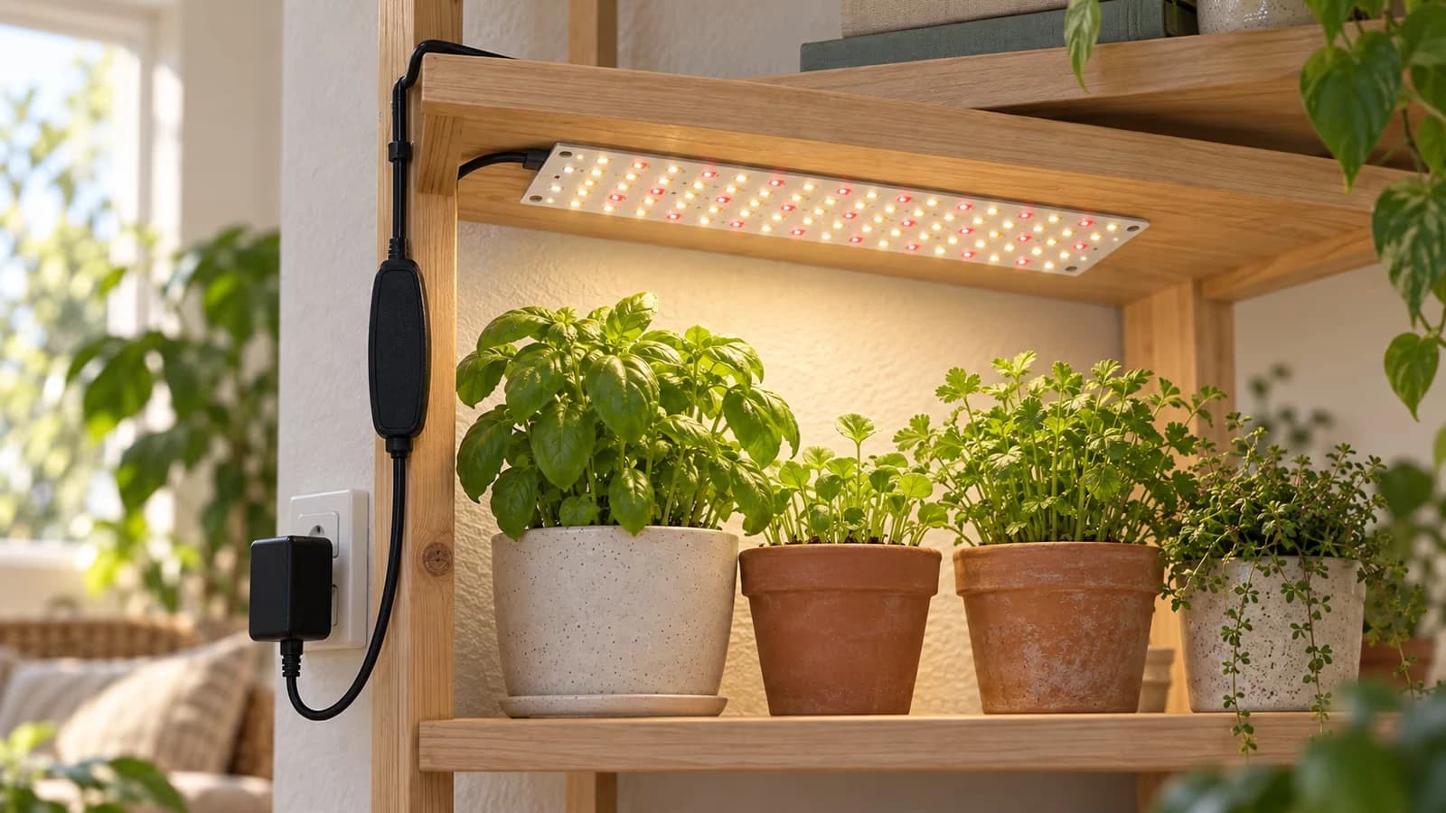 Réglette horticole plate allumée sous une étagère en bois au-dessus de petites plantes vertes en pots