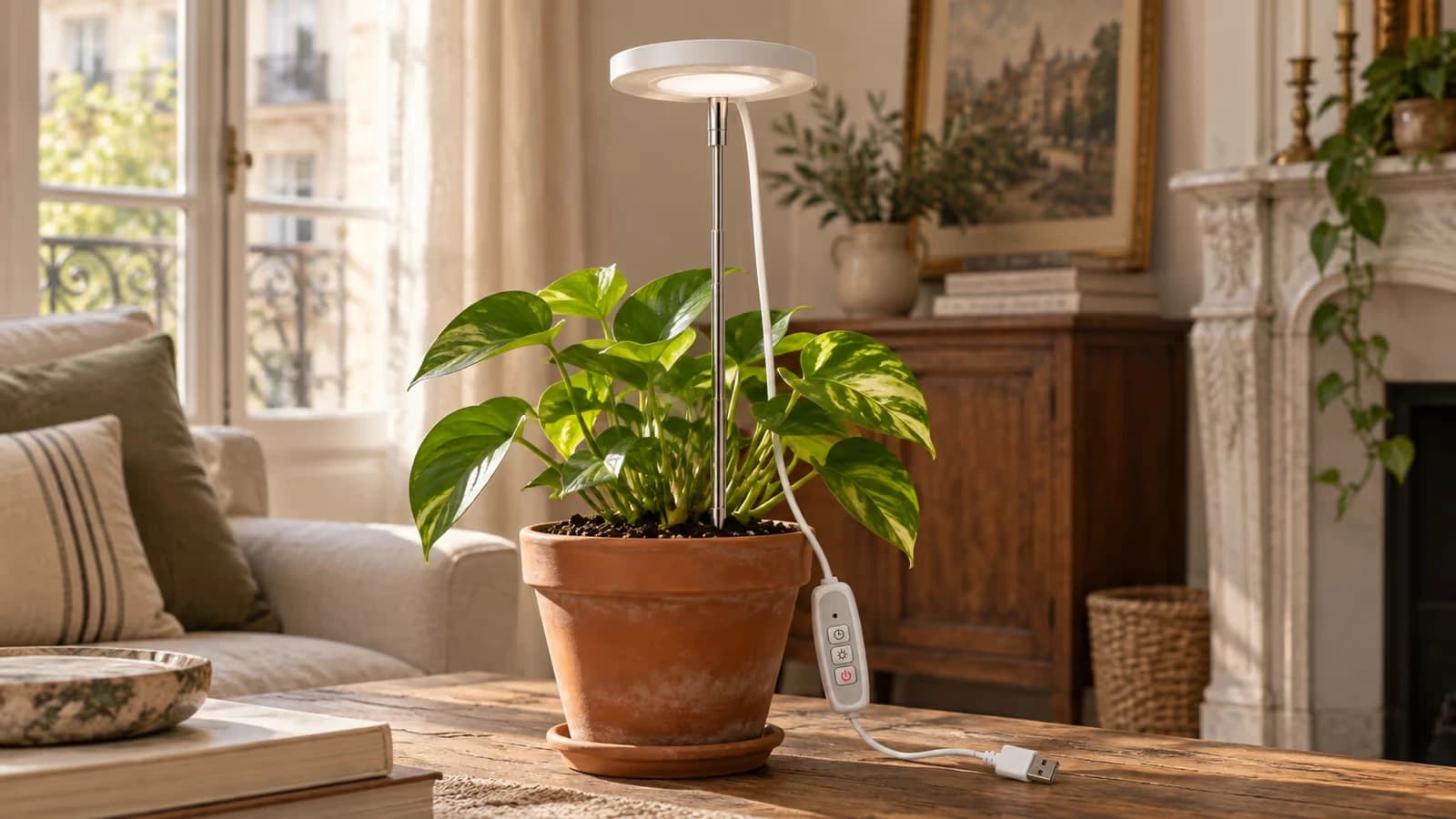 Lampe horticole blanche sur piquet plantée dans le terreau d'un pot, tête ronde au-dessus d'une plante verte