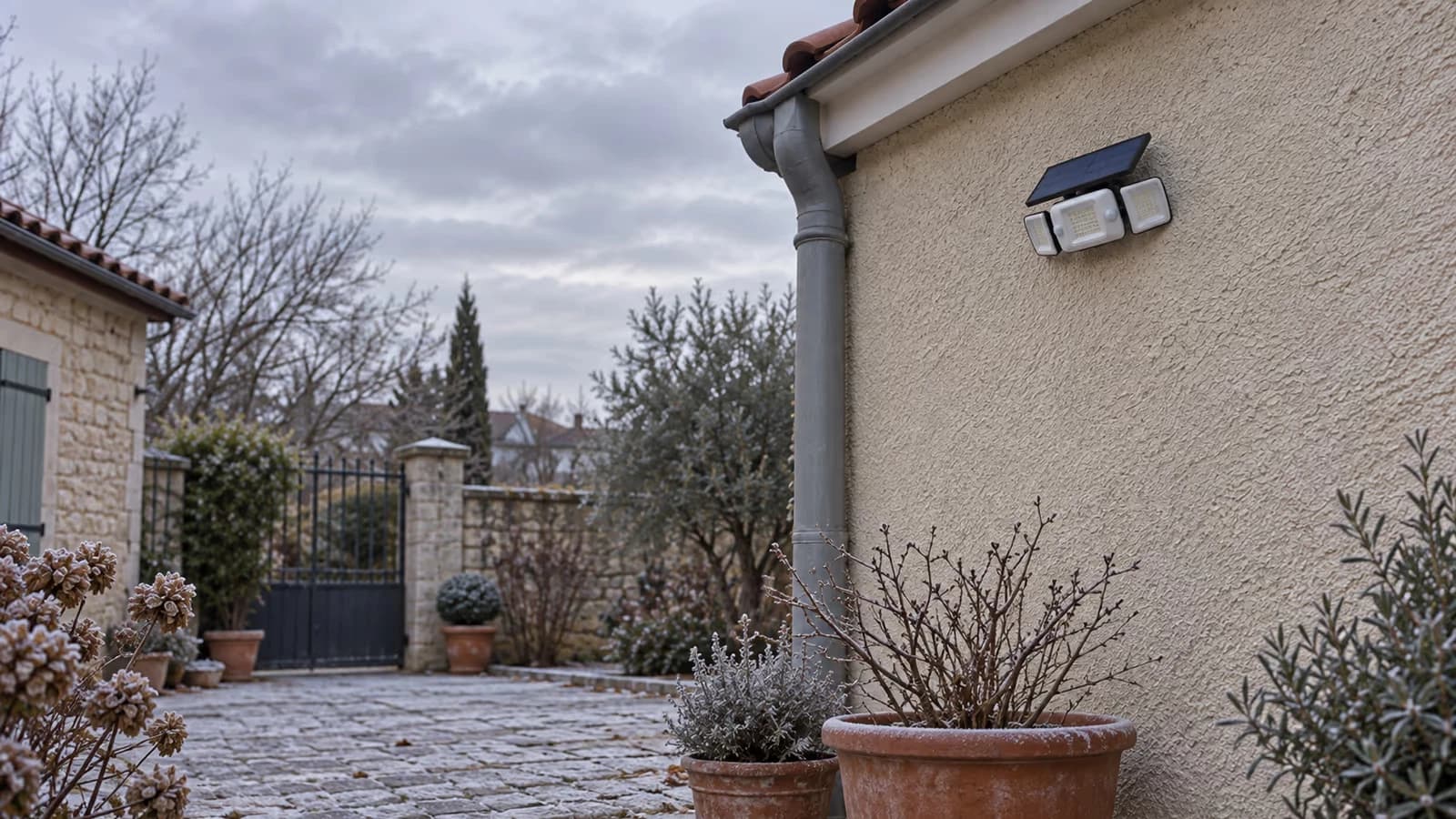 Lampe solaire à trois têtes fixée en haut d'un mur de cour sous un ciel gris de décembre, givre au sol en contrebas