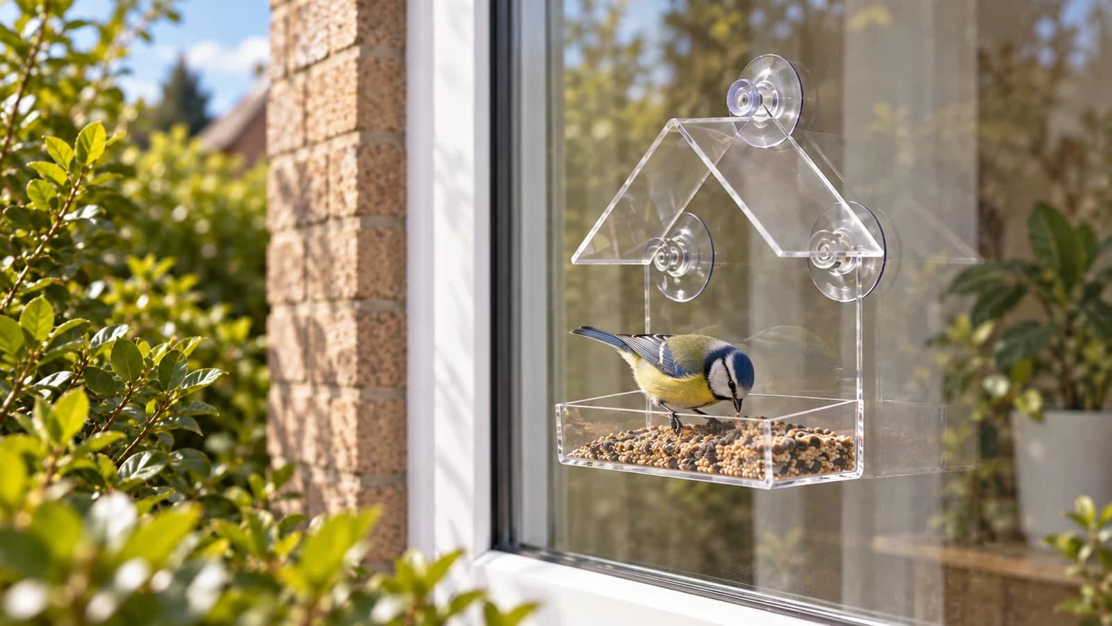 Mangeoire transparente fixée par trois ventouses sur une fenêtre, avec une mésange bleue posée dans le bac