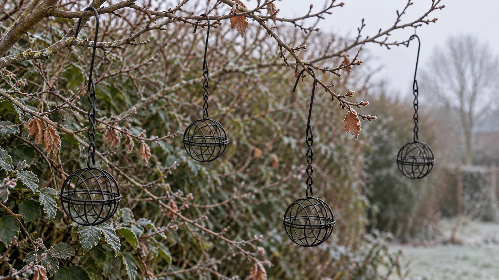 Quatre sphères en fil métallique noir suspendues à des chaînes devant une haie, lumière froide de fin d'automne