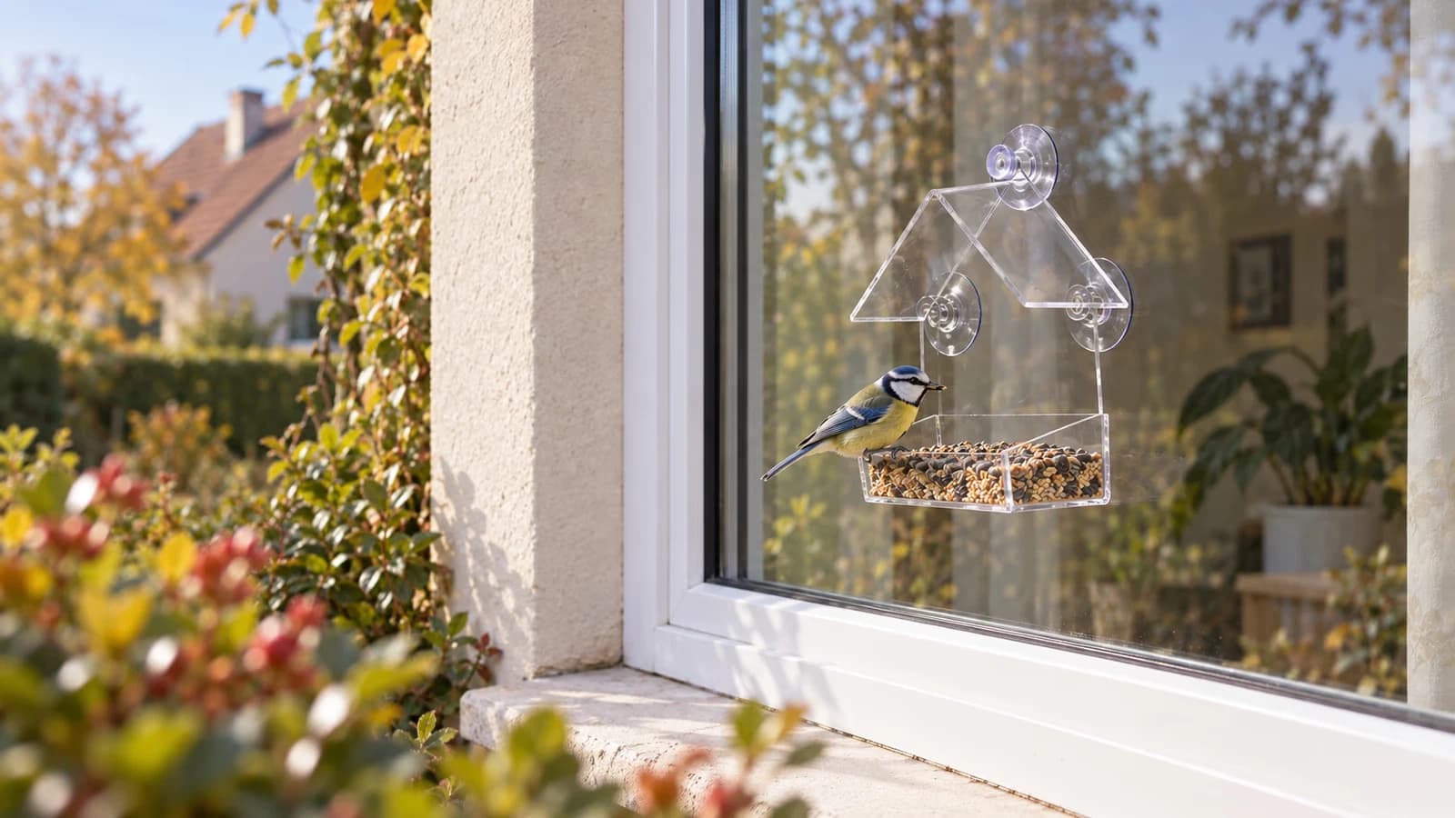 Mangeoire transparente collée sur un carreau de fenêtre, une mésange bleue posée dans le bac ouvert