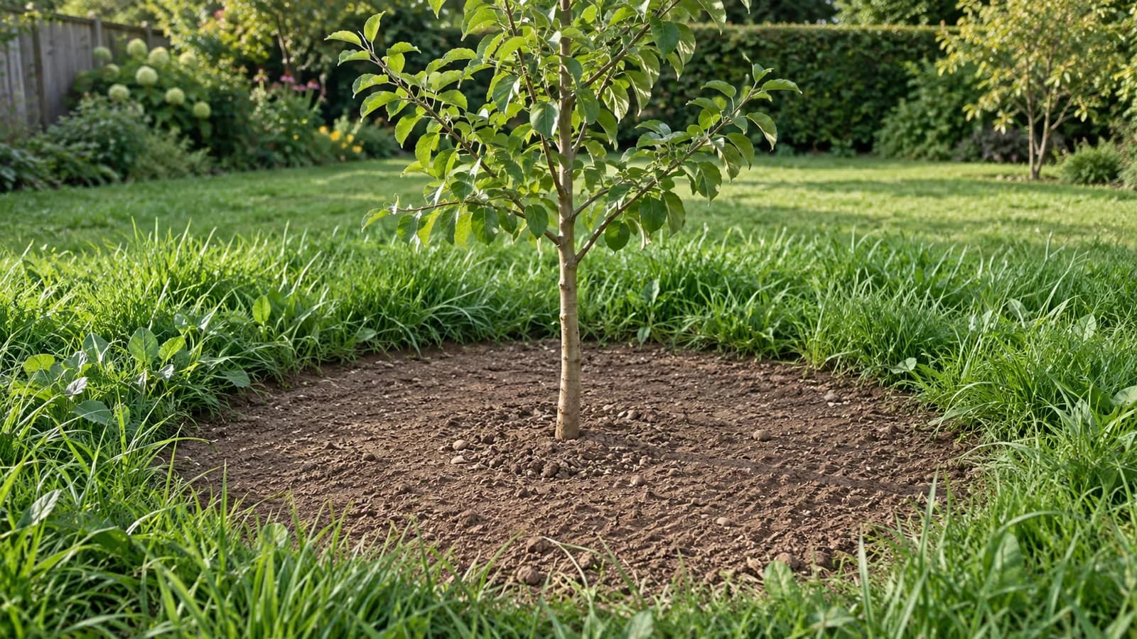Pied d'un jeune arbre fruitier envahi d'herbes hautes, tronc fin au centre d'un cercle de terre nue désherbé