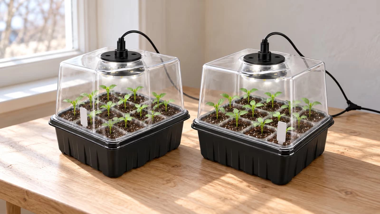 Deux mini serres noires à dôme transparent posées côte à côte sur une table en bois, lampes LED allumées au-dessus des jeunes pousses