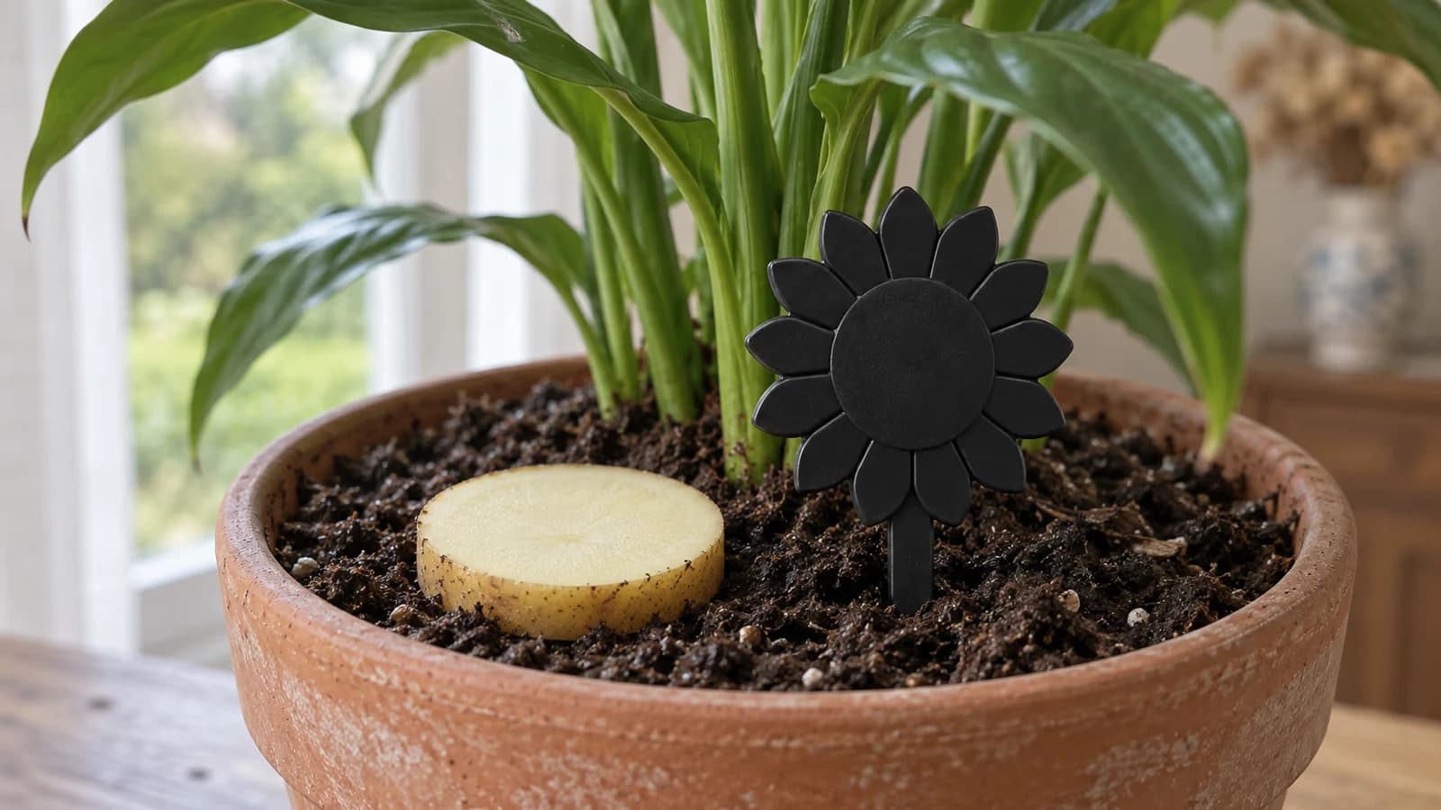 Rondelle de pomme de terre crue posée sur le terreau humide d'un pot de plante verte, à côté d'une plaque collante noire plantée au ras du sol