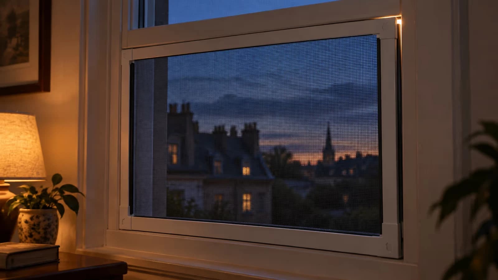 Panneau de moustiquaire noire posé sur un bâti de fenêtre, fin trait de lumière du soir passant dans l'angle supérieur