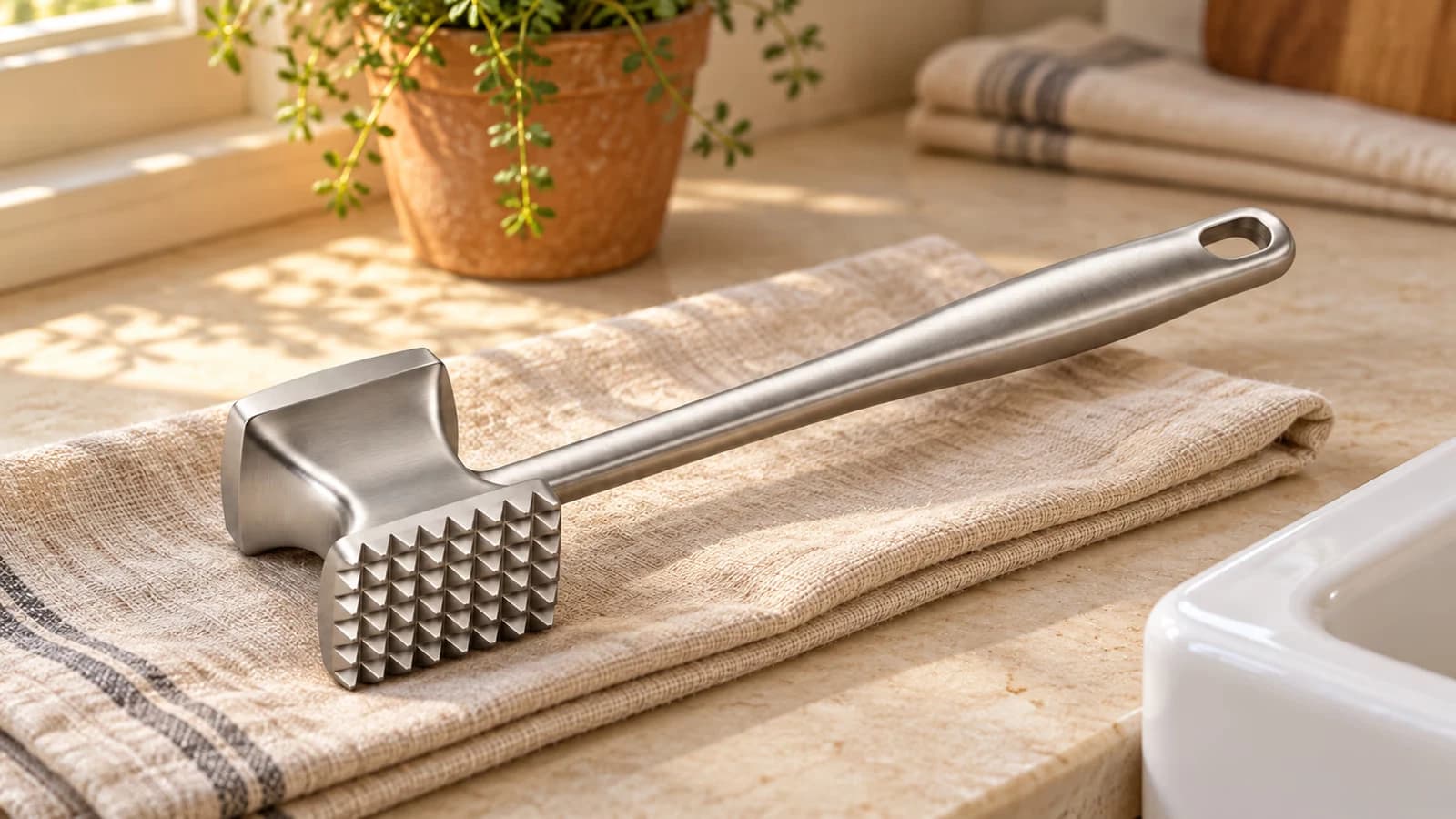 Marteau à viande en inox posé sur un torchon près d'un évier, lumière d'automne