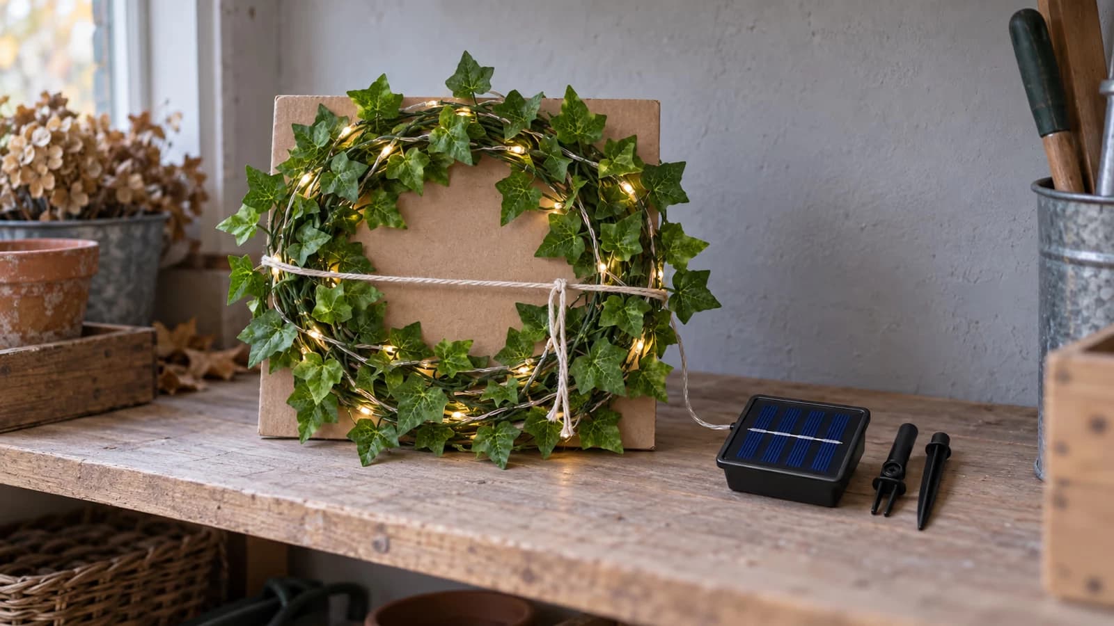 Guirlande de lierre artificiel enroulée en larges boucles autour d'un rectangle de carton, posée sur une étagère de local sec, lumière d'automne