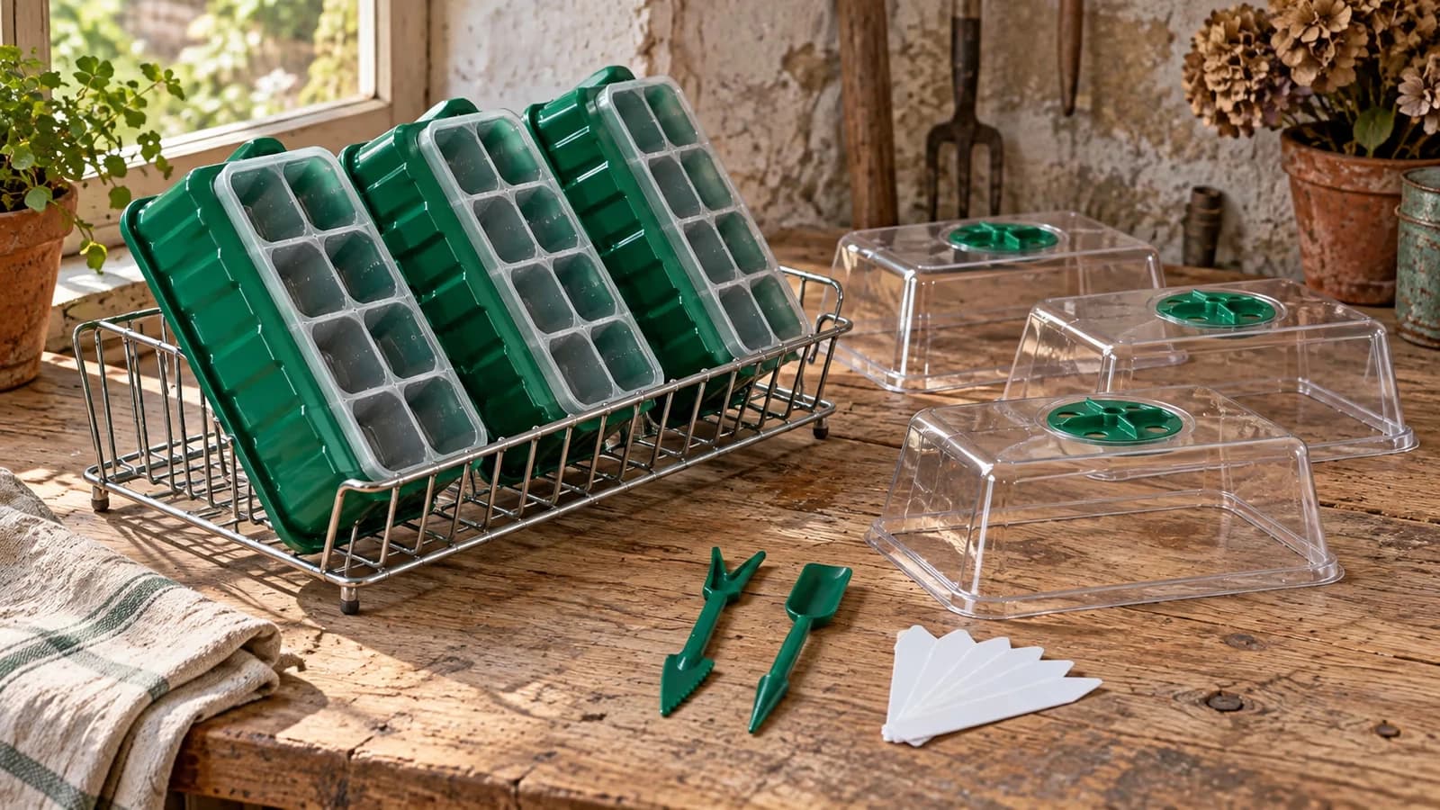 Trois plateaux de germination verts retournés sur un égouttoir, dômes transparents posés à côté, cellules propres et sèches