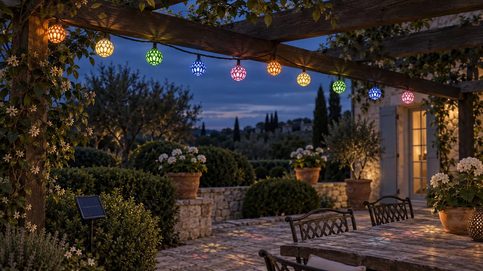 Guirlande solaire marocaine installée le long d'une pergola en bois, éclairant les lattes à la nuit tombante