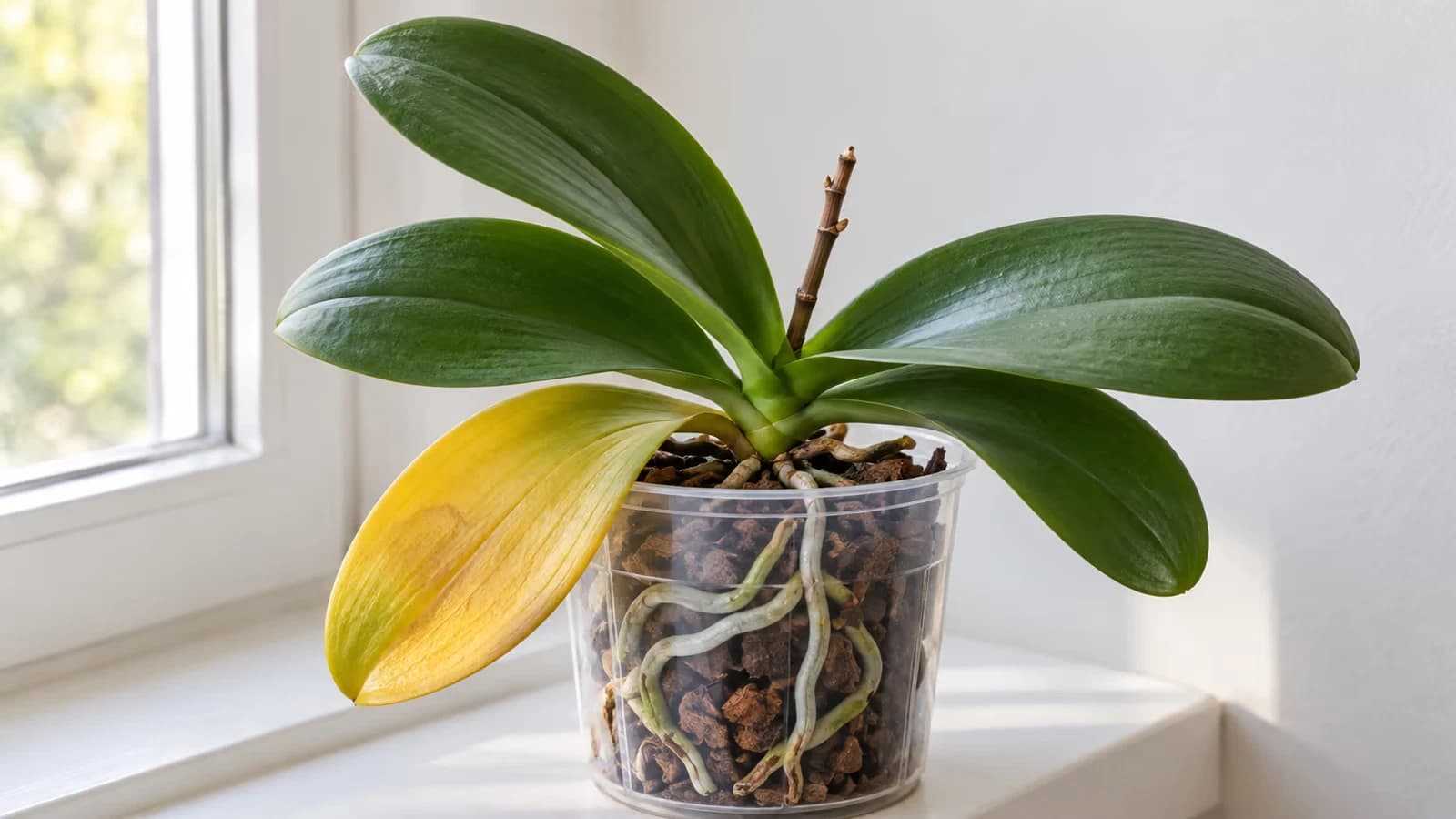 Orchidée phalaenopsis en pot transparent sur un rebord de fenêtre, une feuille basse jaunie parmi les feuilles vertes, racines visibles le long de la paroi