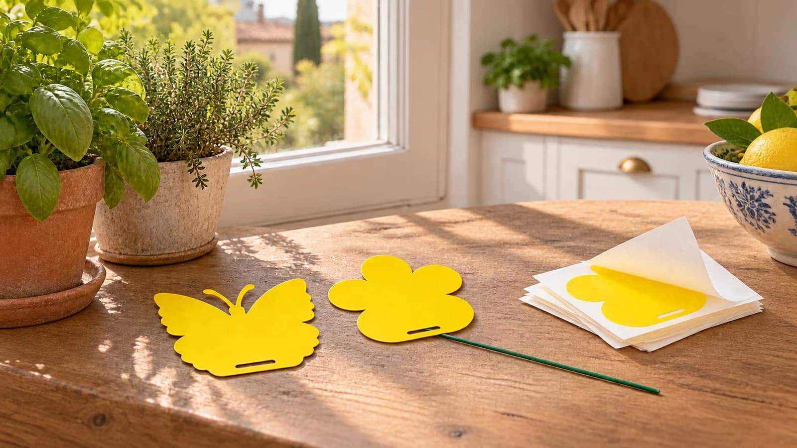 Plaques collantes jaunes en forme de papillon et de fleur posées sur le rebord d'une fenêtre de cuisine, lumière douce du matin