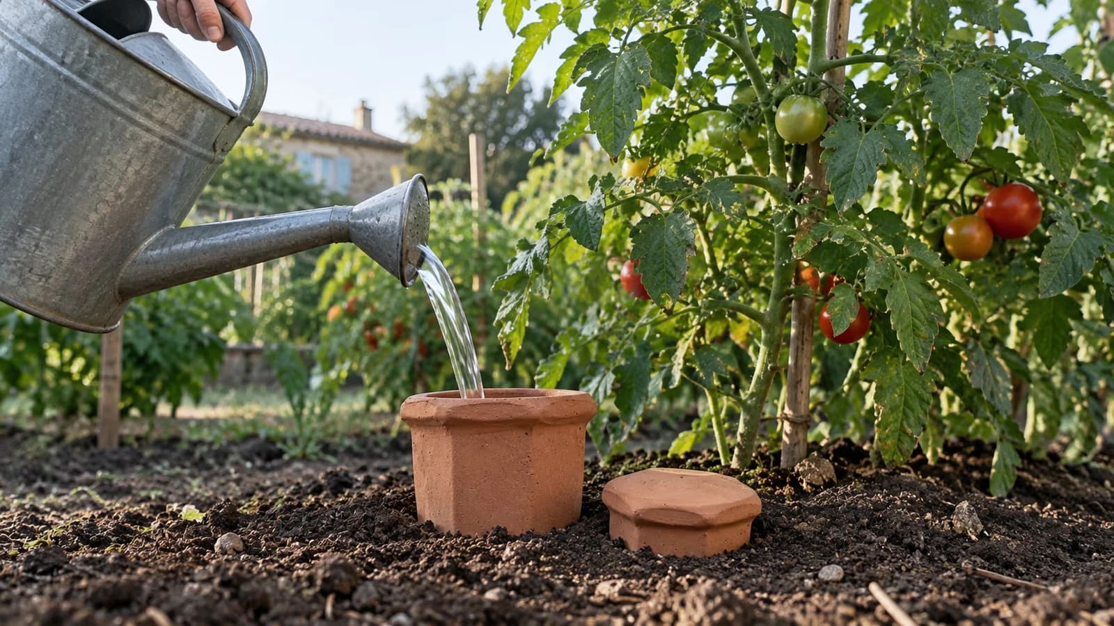 Oya en terre cuite enterrée au pied de plants de tomates dans un potager français a l'aube, couvercle terracotta visible juste au-dessus du sol