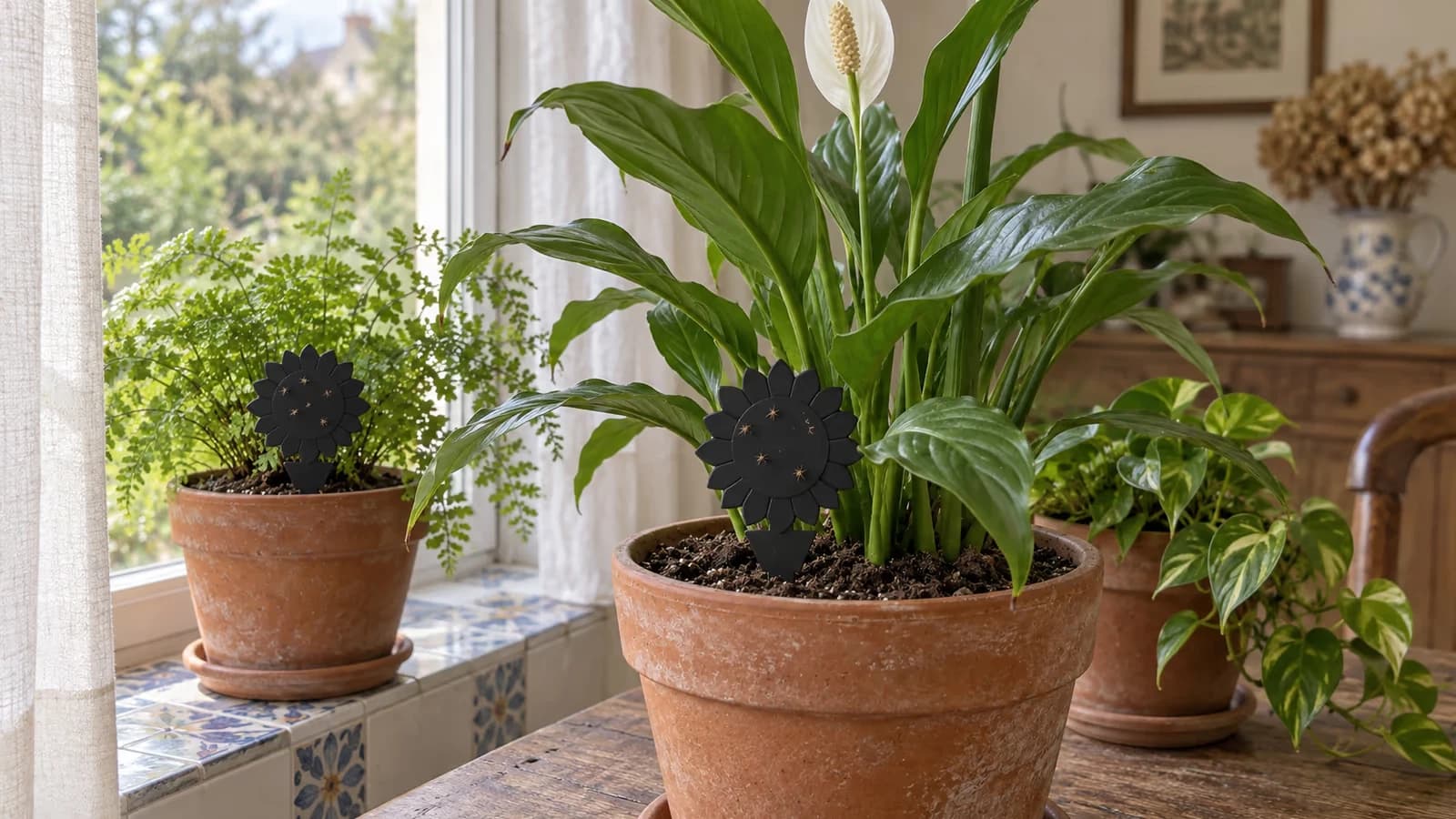 Plaques collantes noires en forme de tournesol plantées sur leur pic au ras du terreau d'un pot de plante verte
