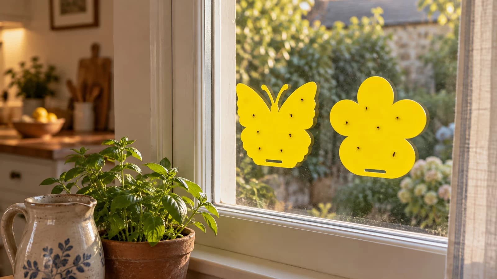 Vitre de fenêtre de cuisine en fin de journée, deux plaques collantes jaunes en forme de papillon collées sur le carreau