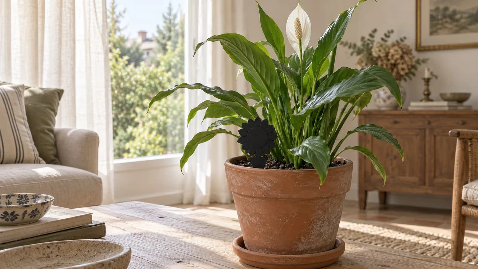 Plaque collante noire en forme de tournesol plantée au ras du terreau d'un pot de plante verte posé sur une table basse, lumière du matin