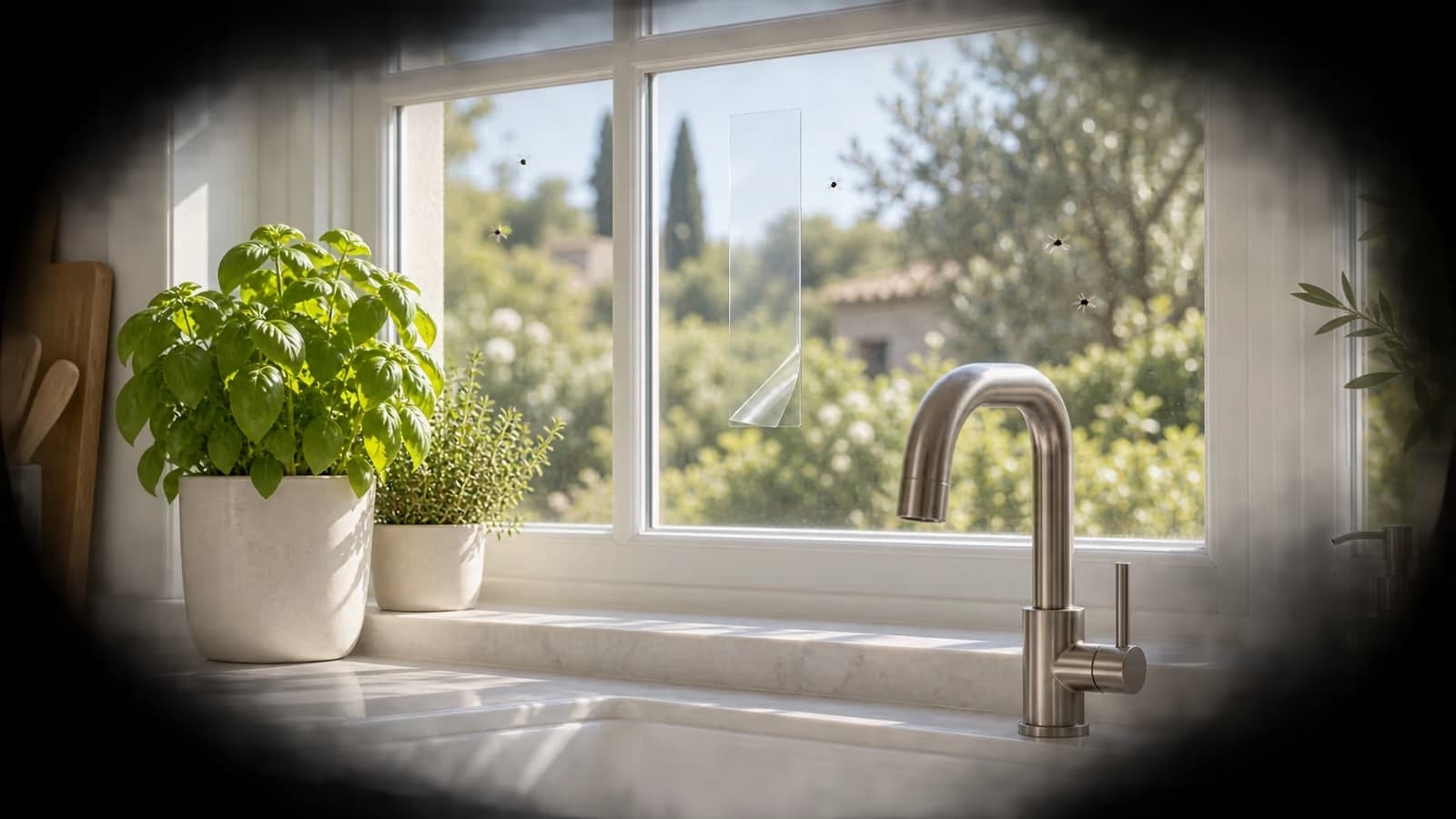 Bande collante transparente posée sur la vitre d'une fenêtre de cuisine au-dessus d'un évier, lumière du matin