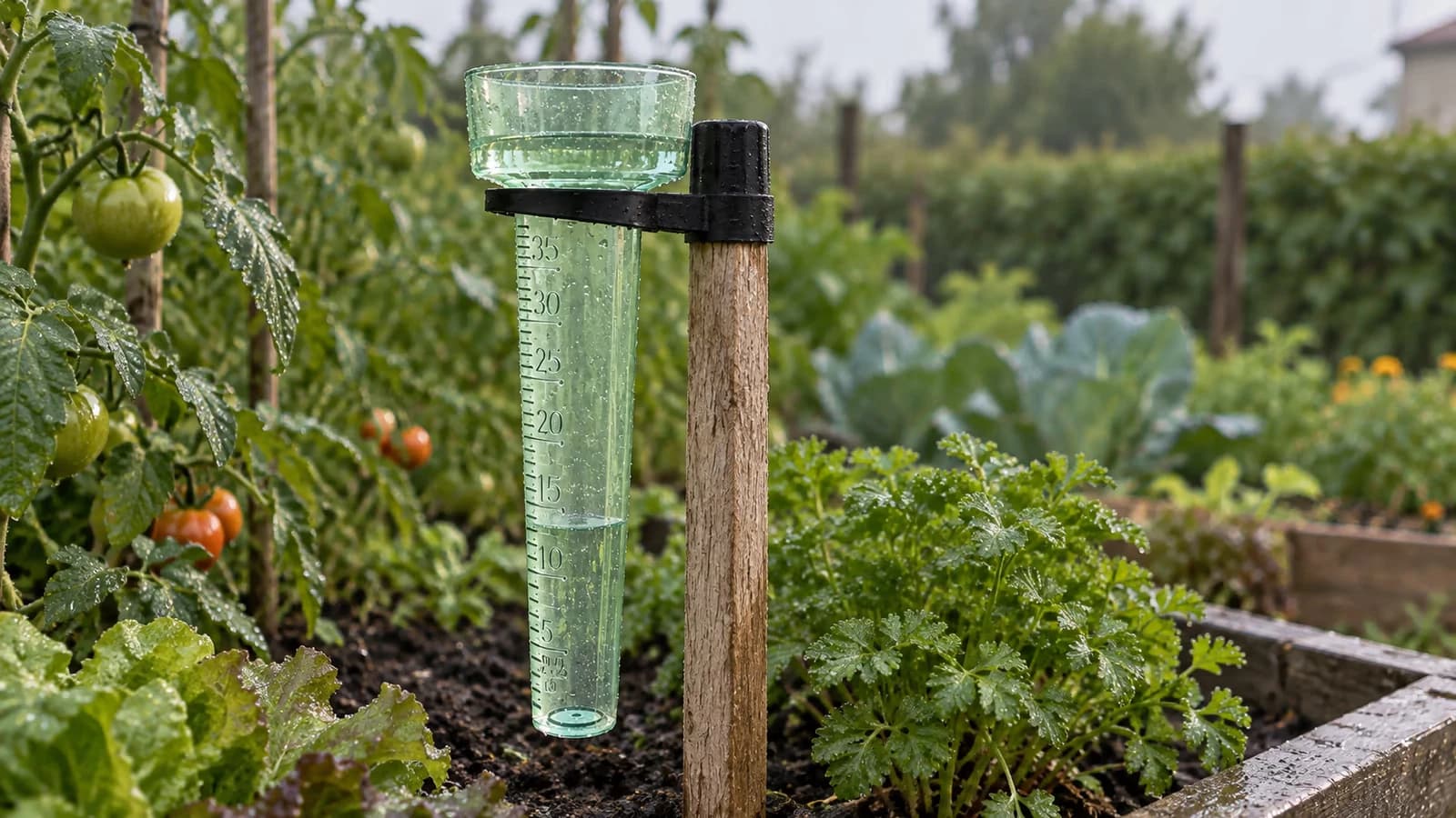 Pluviomètre de jardin fixé sur un piquet au potager après une averse, graduations visibles et eau recueillie, ciel de septembre