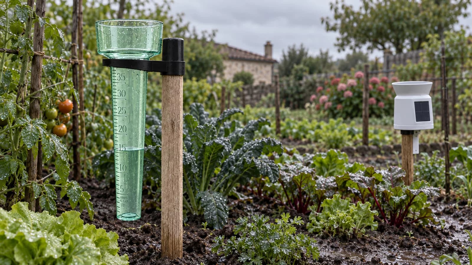 Pluviomètre à tube gradué posé au potager à côté d'un capteur électronique de station météo, ciel gris de septembre après une averse