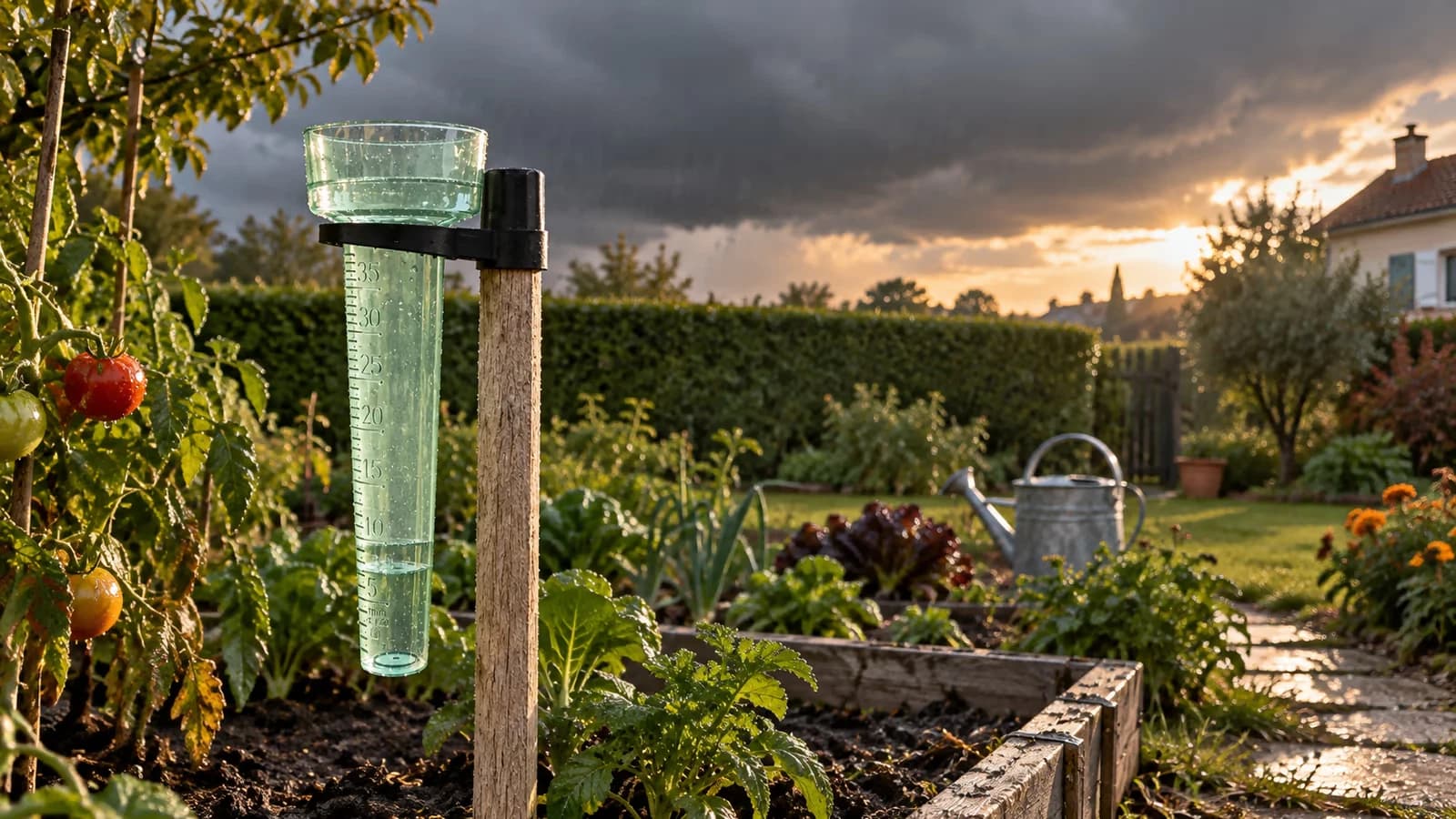 Pluviomètre de jardin à tube gradué sur son piquet, posé au bord d'un carré de potager, ciel d'averse sombre au-dessus d'une haie taillée, lumière basse de fin d'après-midi