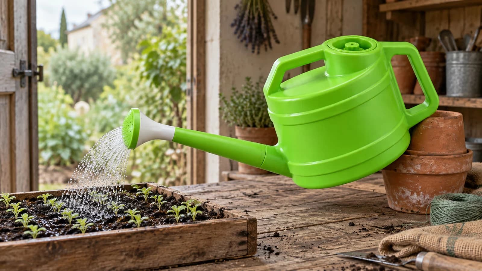 Arrosoir vert incliné dont la pomme verse une pluie fine au-dessus d'une caissette de semis