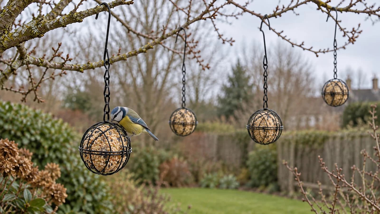 Quatre porte-boules noirs suspendus à des branches espacées dans un jardin d'hiver, avec une mésange sur une sphère