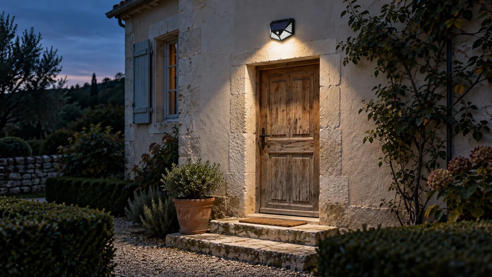Applique solaire noire fixée au-dessus d'une porte de service, faisceau allumé sur les marches à la tombée du jour