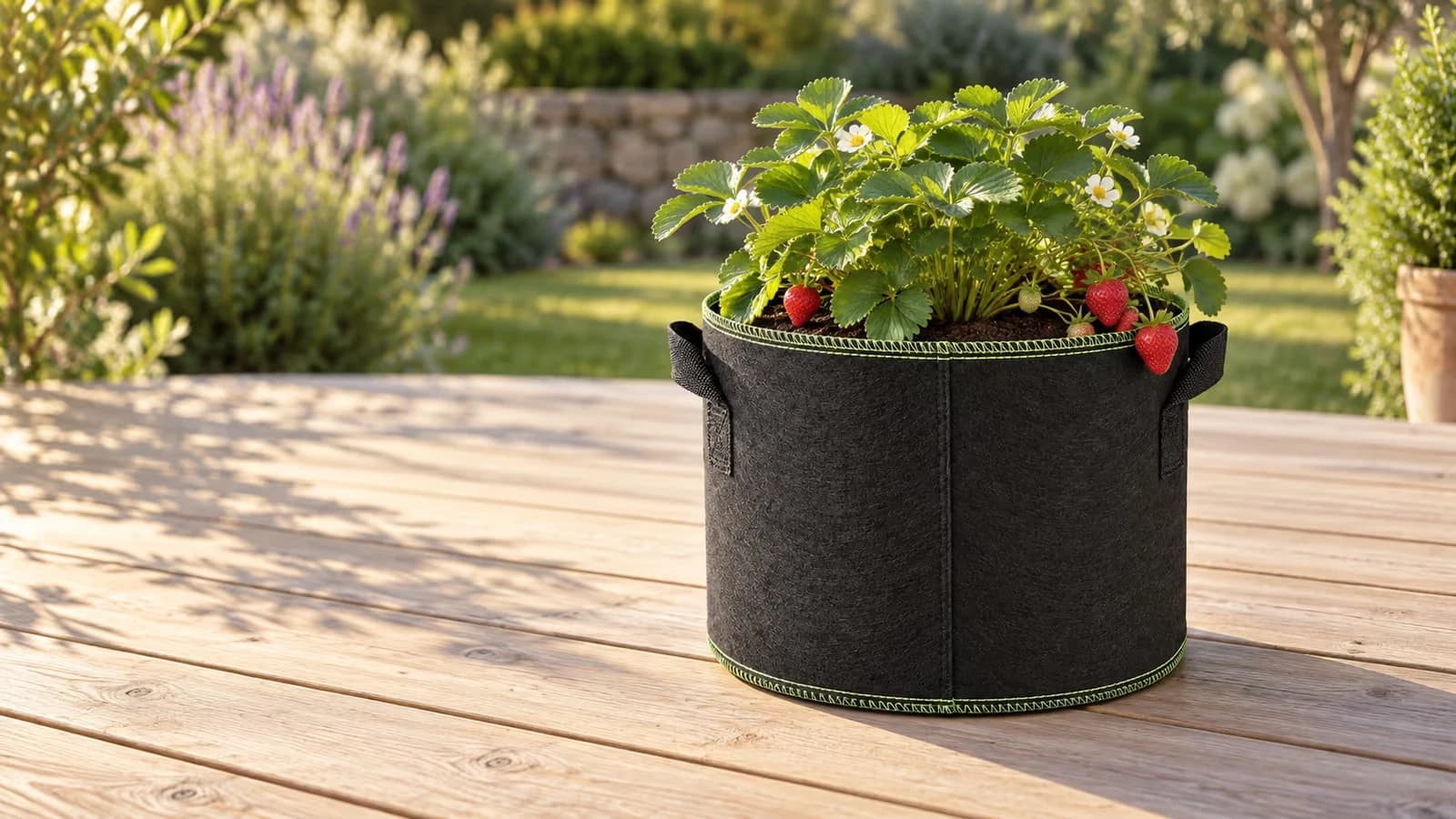 Pot en tissu noir de 25 cm de diamètre posé sur une terrasse en bois clair, fraisier en place, lumière rasante de fin d'été
