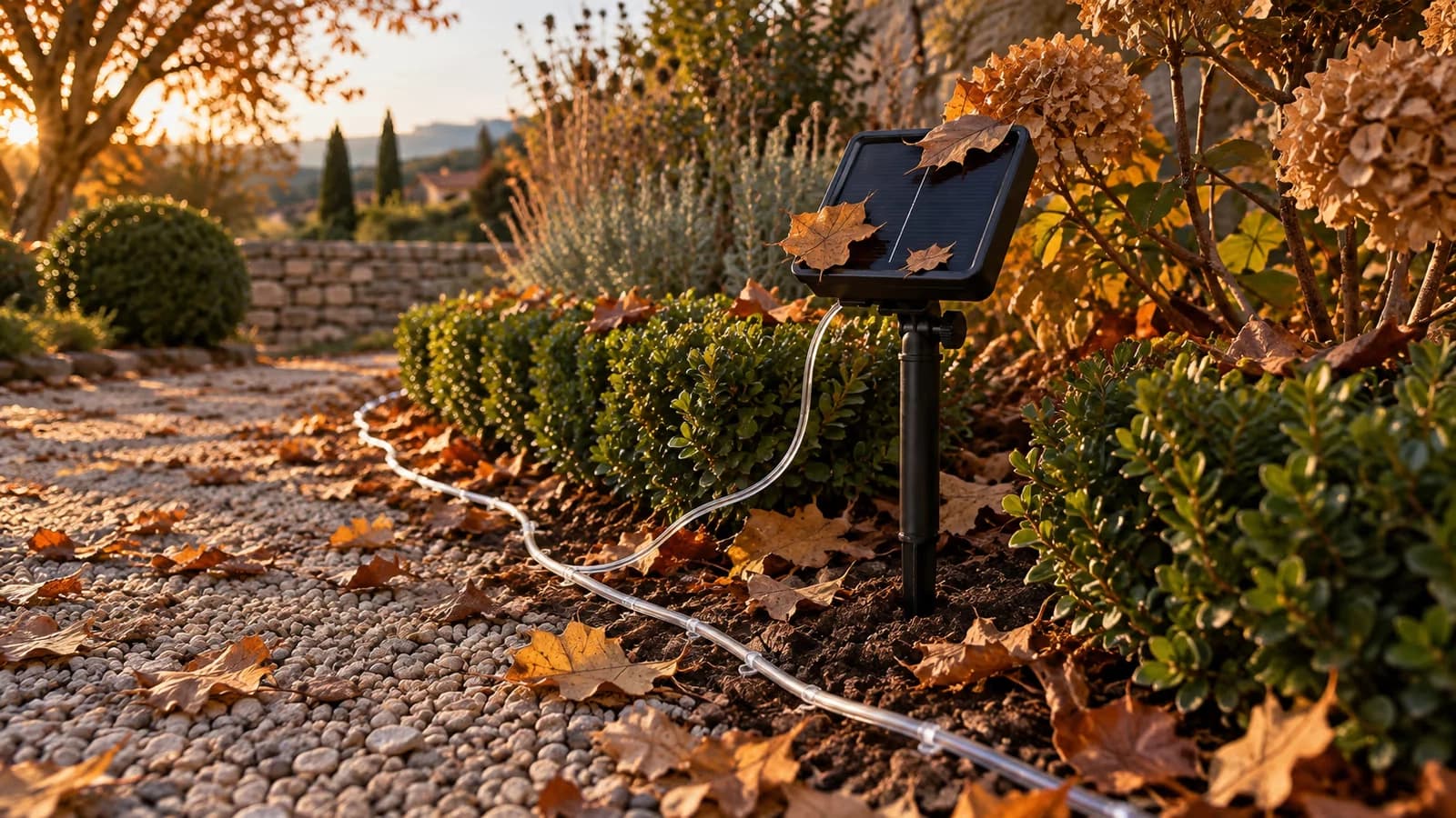 Panneau solaire de guirlande partiellement couvert par des feuilles mortes près d'une bordure