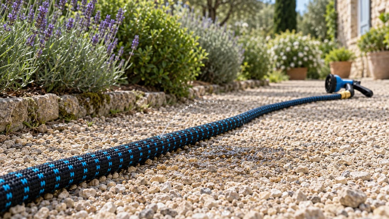 Tuyau extensible noir et bleu étendu sur une allée de gravier, fin jet d'eau s'échappant d'un point de la gaine