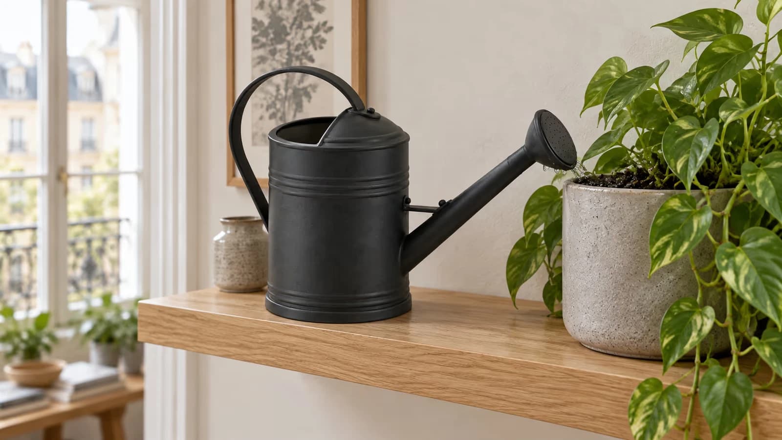 Arrosoir à long bec pointé vers la terre d'une plante en pot posée sur une haute étagère