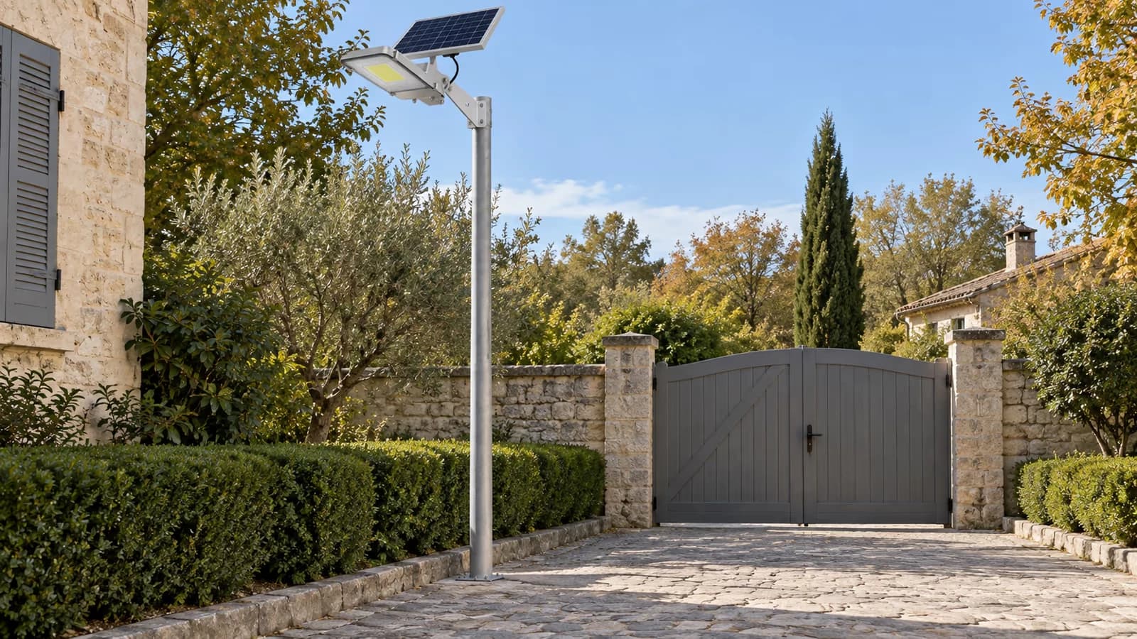 Lampadaire solaire en aluminium au sommet d'un mât de cour, panneau relevé, portail et allée visibles au sol