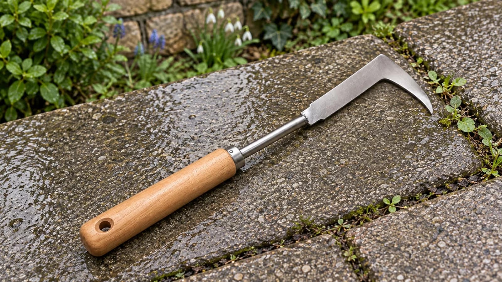 Couteau désherbeur inox à lame repliée en L posé sur des dalles de terrasse humides au printemps