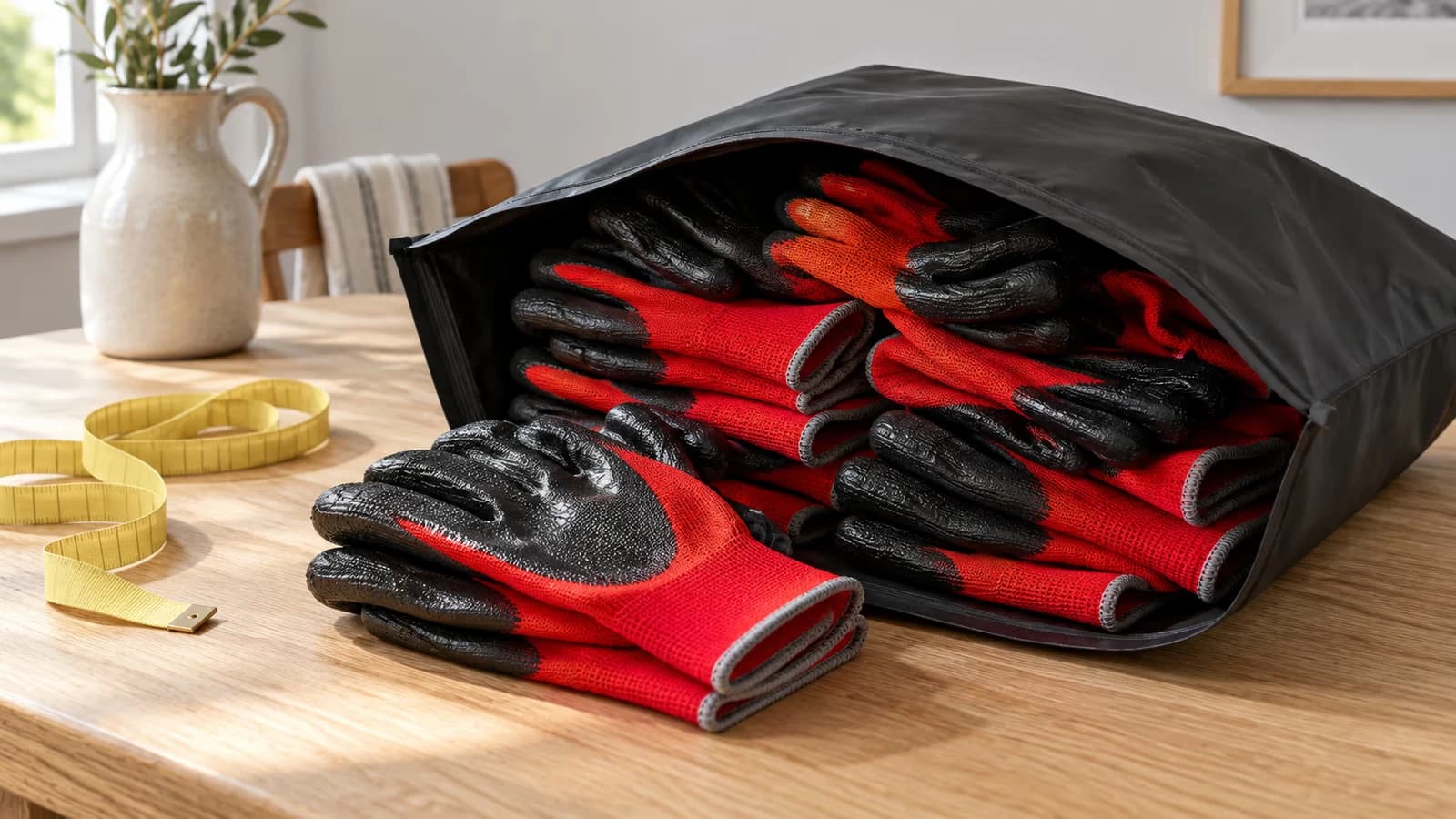 Sachet ouvert de douze paires de gants rouges à paume noire sur une table de cuisine, mètre ruban souple à côté