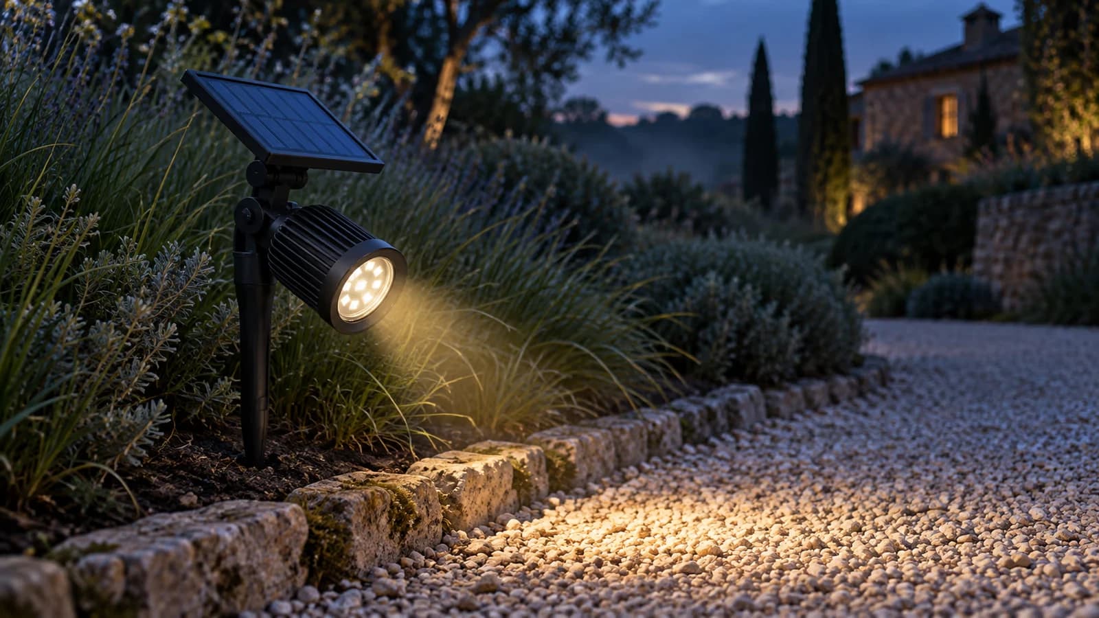 Projecteur solaire sur piquet dans un massif, tête inclinée vers une allée de gravier, lumière chaude au crépuscule