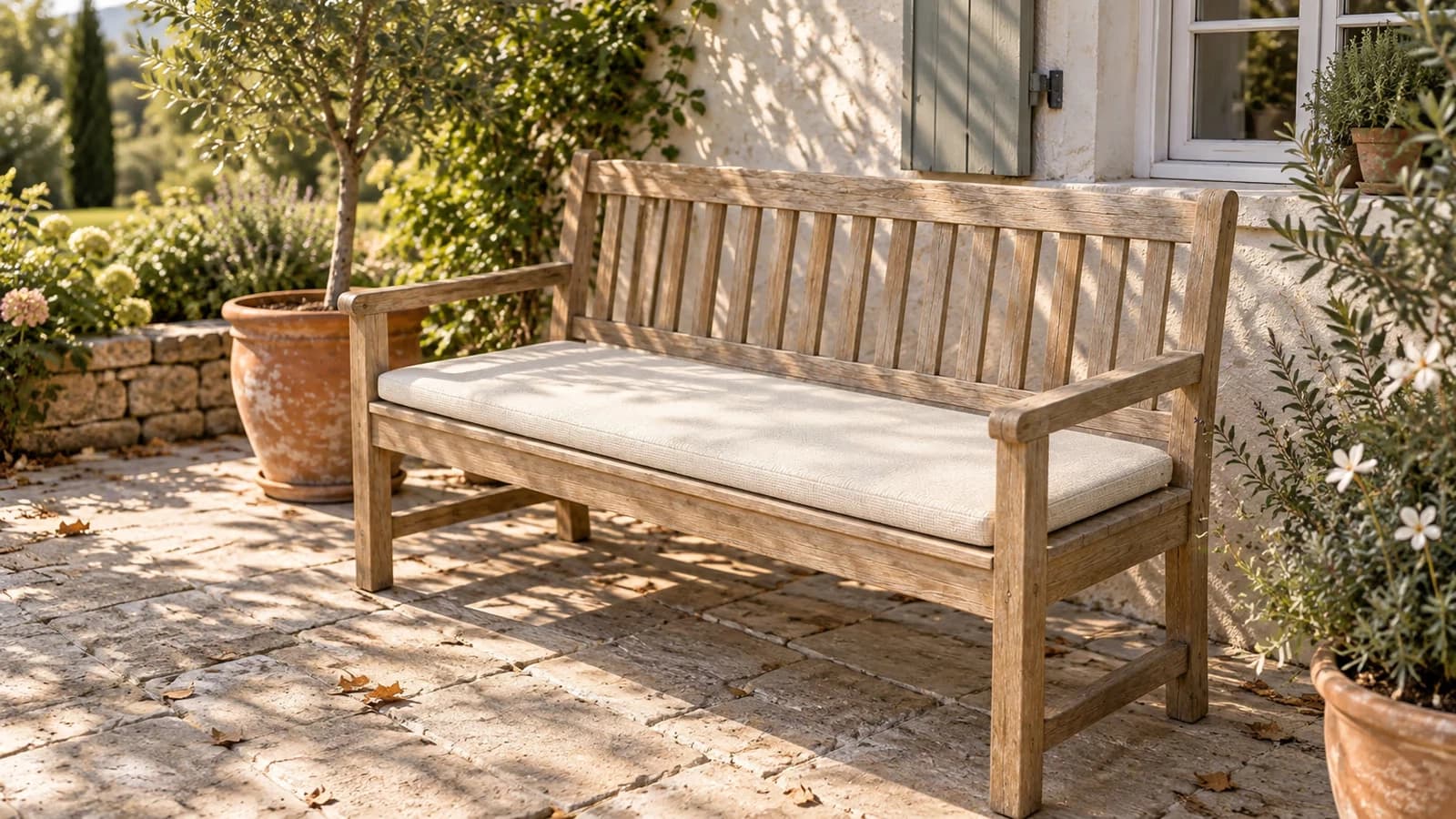 Galette de coussin blanc cassé posée sur un banc de jardin en bois, terrasse à l'ombre légère en fin d'été, feuilles sèches sur les dalles