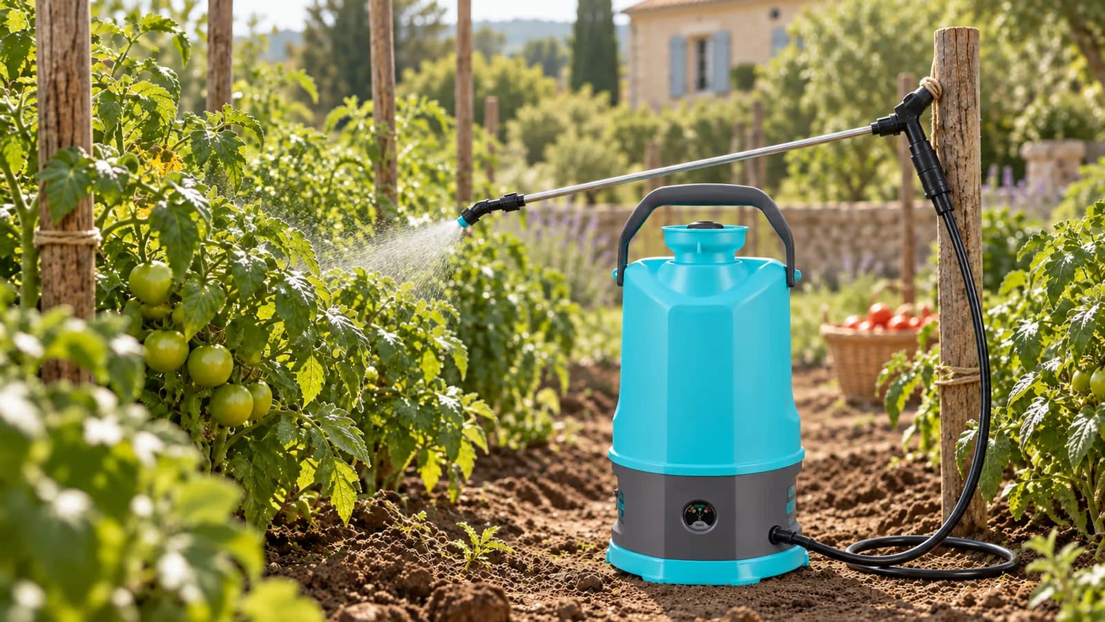 Pulvérisateur électrique à dos turquoise posé au sol entre des rangs de tomates, brume fine sur le feuillage