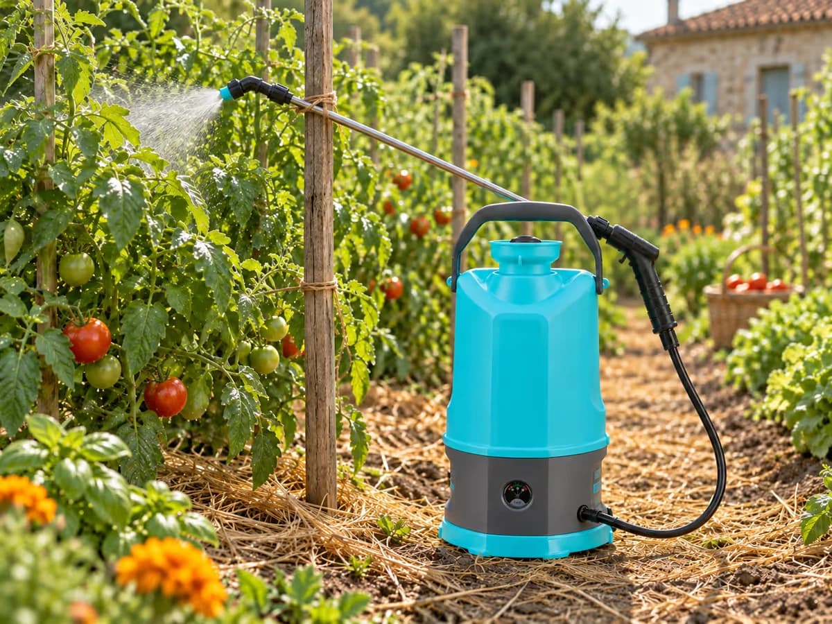 Pulvérisateur électrique à dos posé au sol entre des rangs de tomates au potager