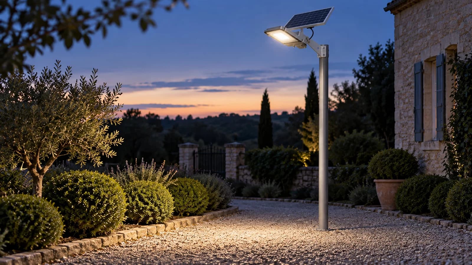 Lampadaire solaire en aluminium allumé au-dessus d'une allée de jardin à la tombée du jour, ciel encore clair à l'horizon