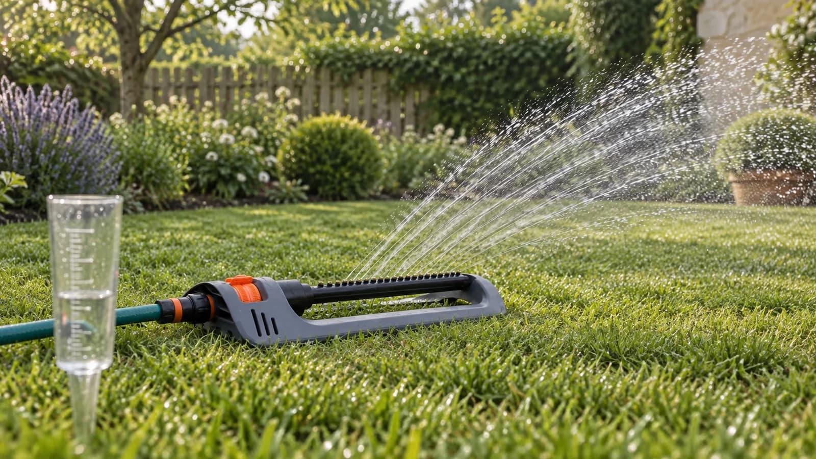 Pelouse verte au printemps avec arroseur oscillant posé au centre, pluviomètre gradué au premier plan
