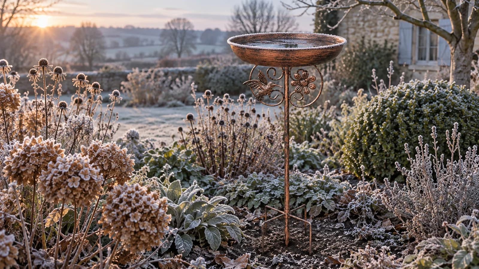 Abreuvoir sur pied en métal patiné planté dans un massif, givre matinal sur le bord de la vasque, lumière rasante de décembre