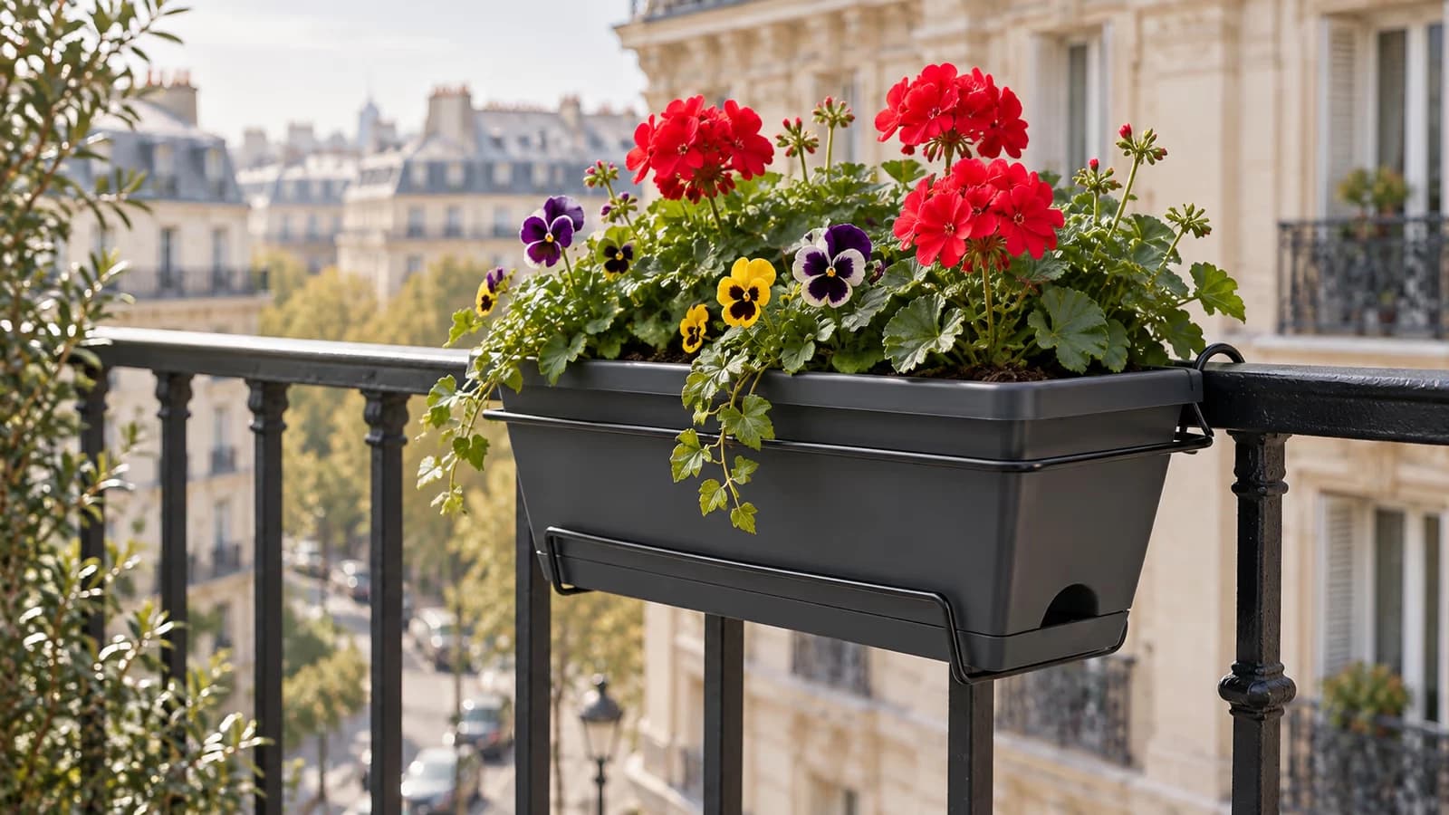 Jardinière gris foncé dans son support filaire sur la rambarde d'un balcon, pensée et géranium plantés, lumière du matin