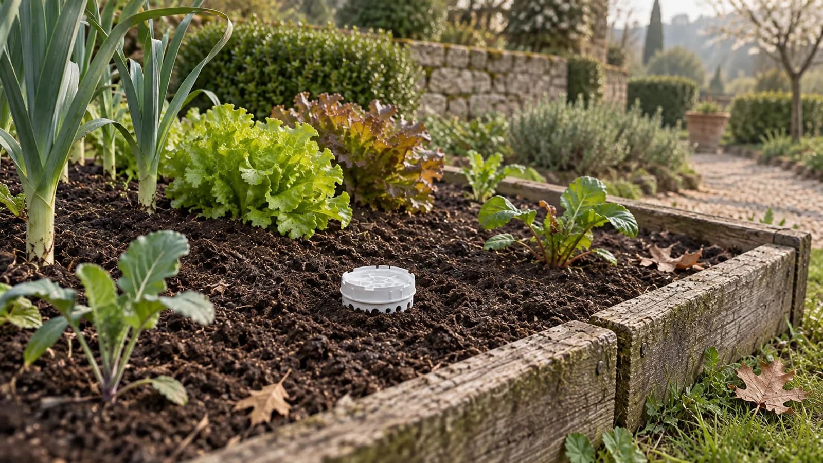 Lombricomposteur enterré au ras du sol dans un potager bio au début du printemps