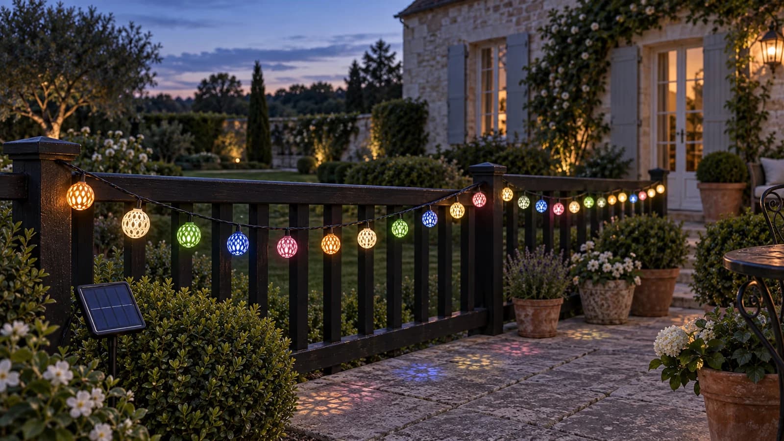 Guirlande solaire à boules ajourées multicolores tendue sur une rambarde de terrasse au crépuscule