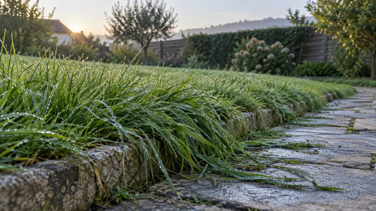 Bordure de pelouse au lever du jour, herbe débordant sur une allée de pierre encore mouillée de rosée