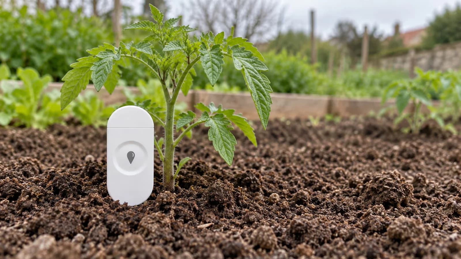 Capteur blanc à lame planté au pied d'un jeune plant dans une terre de printemps fraîchement travaillée, lumière douce d'avril