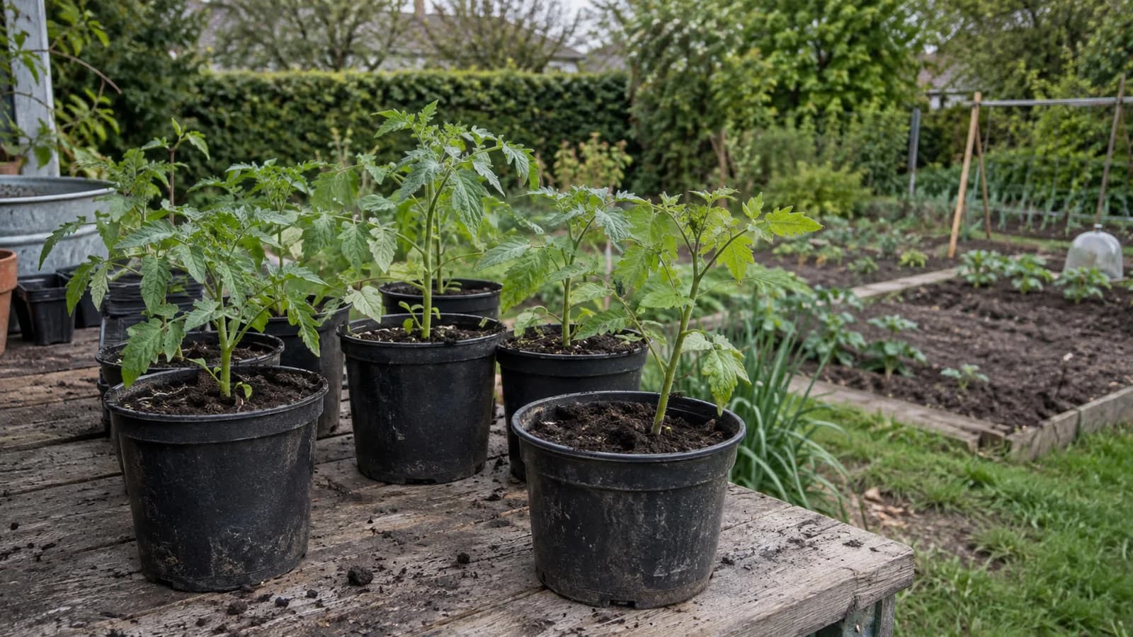 Jeunes plants de tomates en godets prêts à être repiqués au potager, fin avril en France