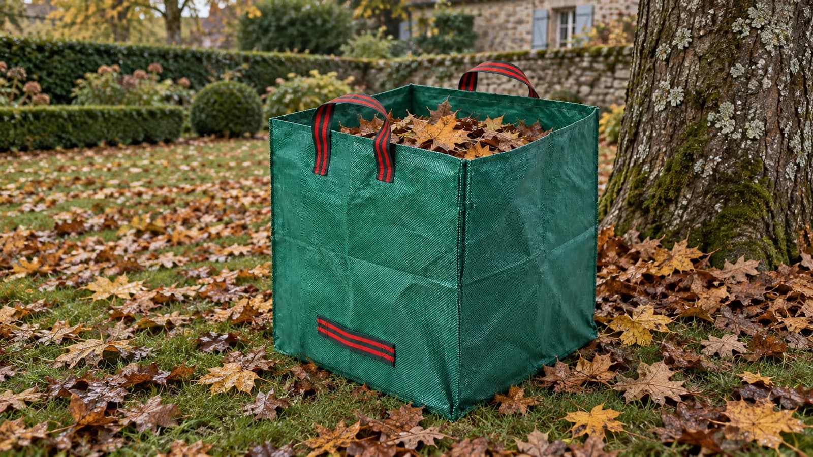 Sac de jardin pliable de 270 litres en toile tissée, ouvert au pied d'un arbre sur une pelouse couverte de feuilles mortes