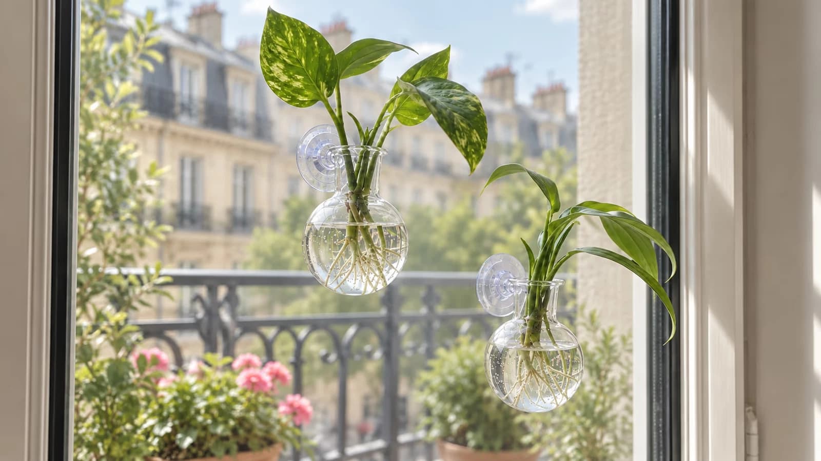 Deux vases muraux transparents suspendus par ventouses sur une vitre lumineuse, une bouture aux racines blanches dans chacun