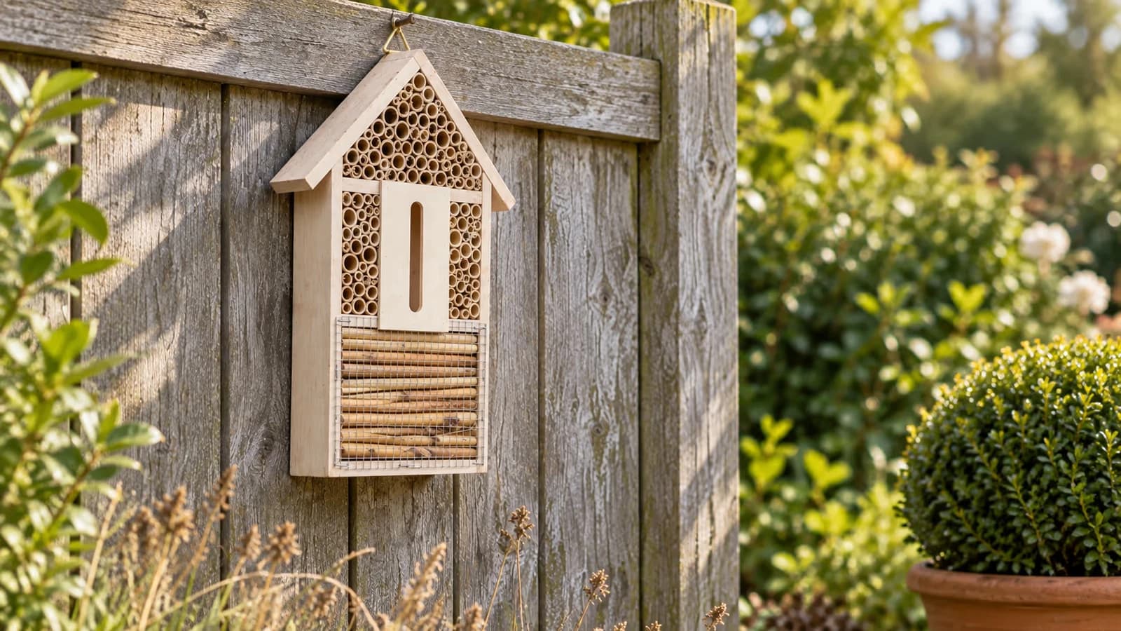 Petite maisonnette à insectes en bois suspendue à une clôture de jardin, tubes de roseau visibles dans la façade